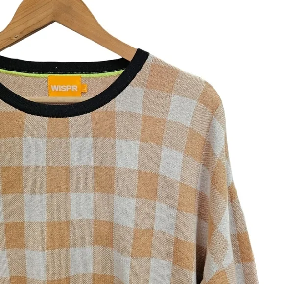 WISPR By Brodie Sweater Cotton Silk Blend Tan Gingham Long Sleeve Crew Neck L
