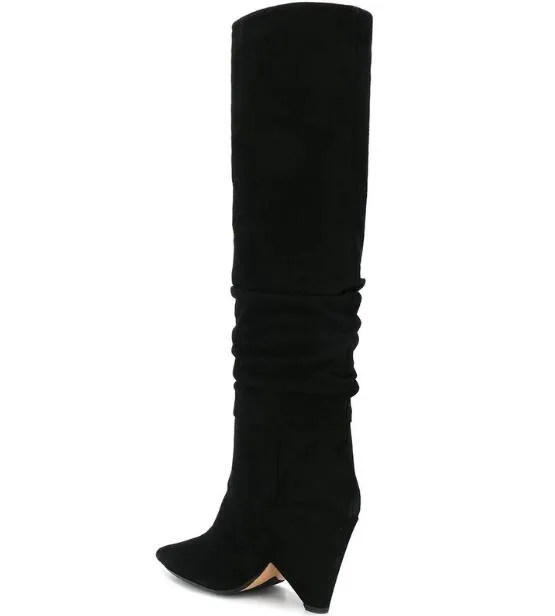 Woman Sexy Black Suede Fold Pointed Toe Slip On Spike Heels Knee High Niki Long Boots Big Size 43 Lad