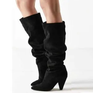 Woman Sexy Black Suede Fold Pointed Toe Slip On Spike Heels Knee High Niki Long Boots Big Size 43 Lad