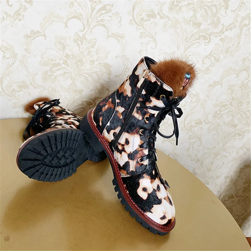 Women Ankle Boots Horsehair Low Heel Lace Up Leopard Non Slip Autumn Winter Ladies Shoes Platform 2019 Real Fur