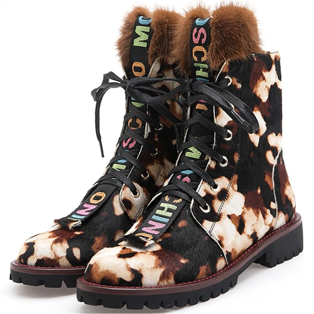 Women Ankle Boots Horsehair Low Heel Lace Up Leopard Non Slip Autumn Winter Ladies Shoes Platform 2019 Real Fur