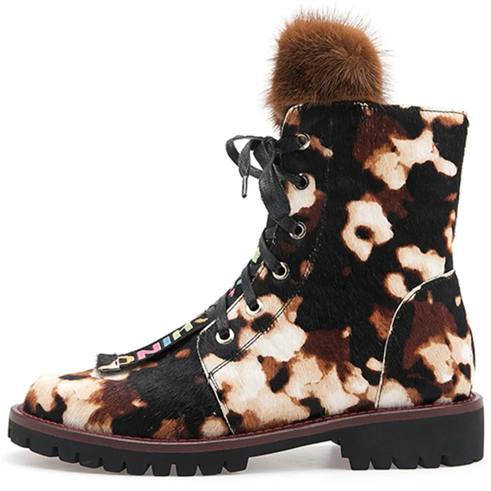 Women Ankle Boots Horsehair Low Heel Lace Up Leopard Non Slip Autumn Winter Ladies Shoes Platform 2019 Real Fur