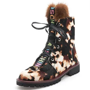 Women Ankle Boots Horsehair Low Heel Lace Up Leopard Non Slip Autumn Winter Ladies Shoes Platform 2019 Real Fur