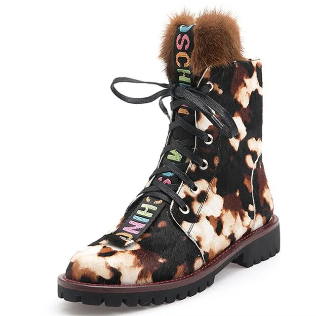 Women Ankle Boots Horsehair Low Heel Lace Up Leopard Non Slip Autumn Winter Ladies Shoes Platform 2019 Real Fur