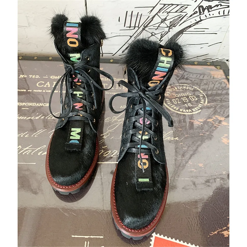 Women Ankle Boots Horsehair Low Heel Lace Up Leopard Non Slip Autumn Winter Ladies Shoes Platform 2019 Real Fur