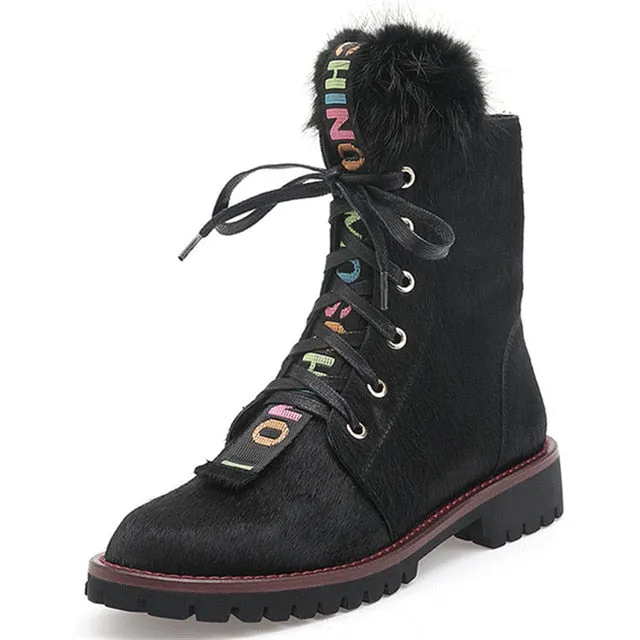 Women Ankle Boots Horsehair Low Heel Lace Up Leopard Non Slip Autumn Winter Ladies Shoes Platform 2019 Real Fur