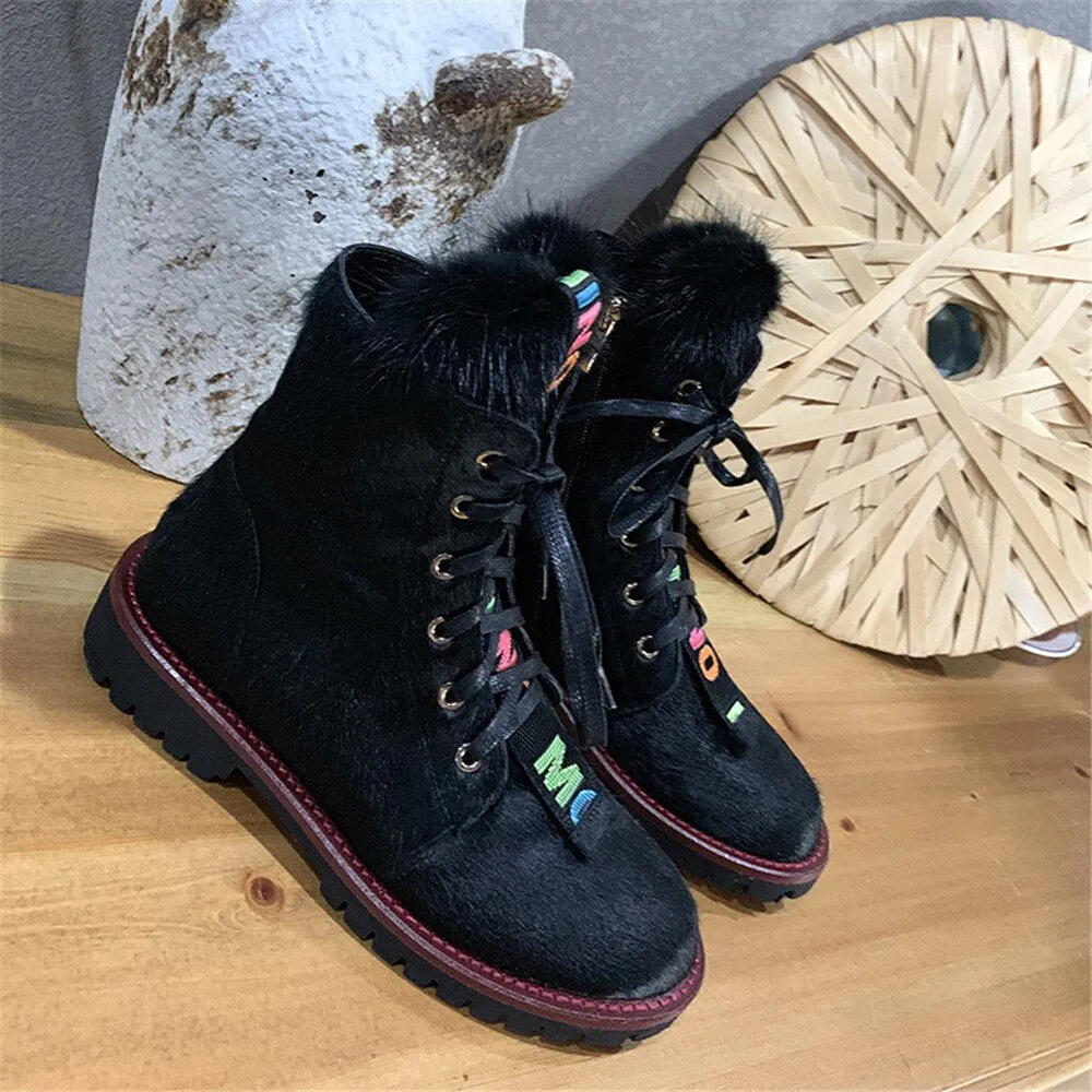 Women Ankle Boots Horsehair Low Heel Lace Up Leopard Non Slip Autumn Winter Ladies Shoes Platform 2019 Real Fur