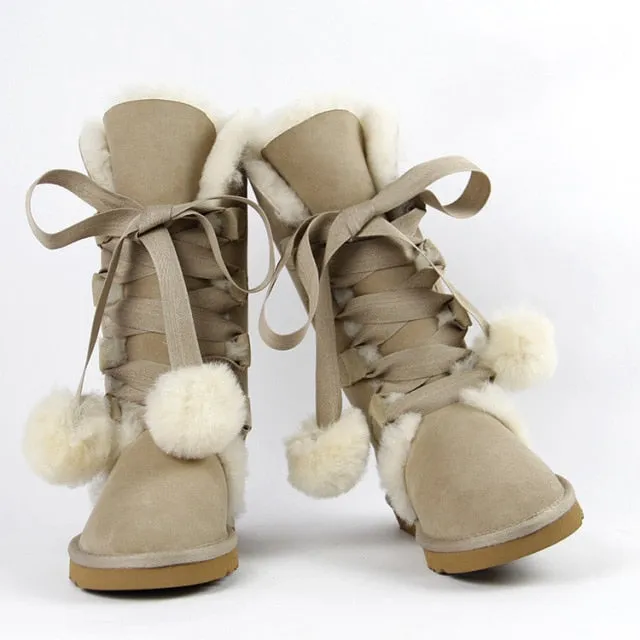 Women Genuine Sheepskin Leather Snow Boots