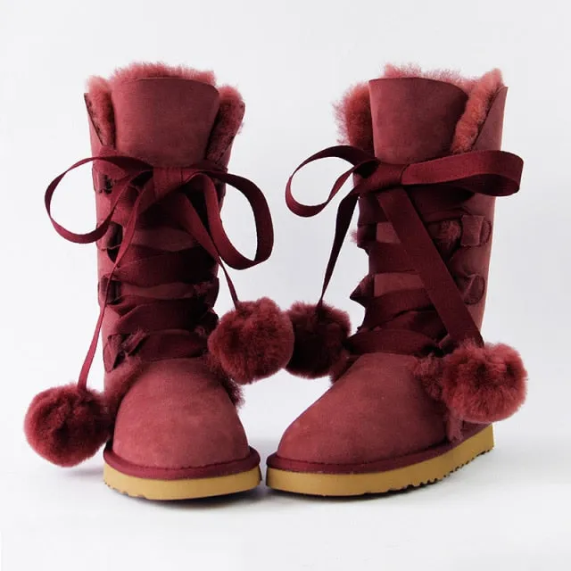 Women Genuine Sheepskin Leather Snow Boots