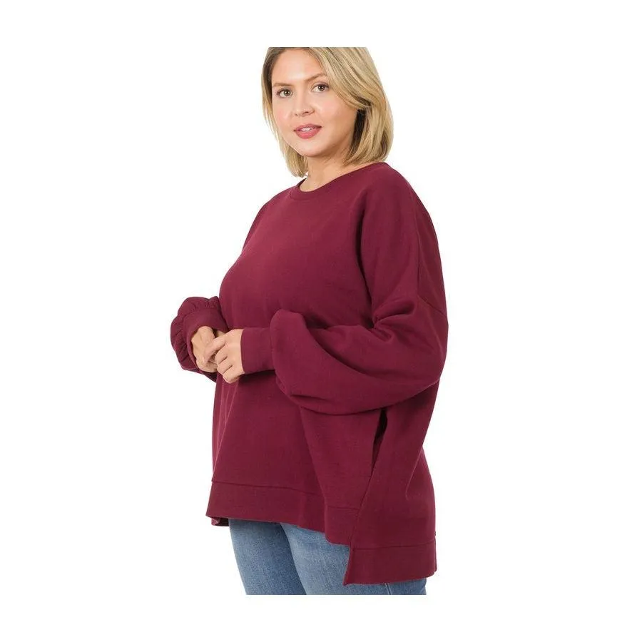 Zenana Round Neck Hi-Low Hem Sweatshirt - Curvy
